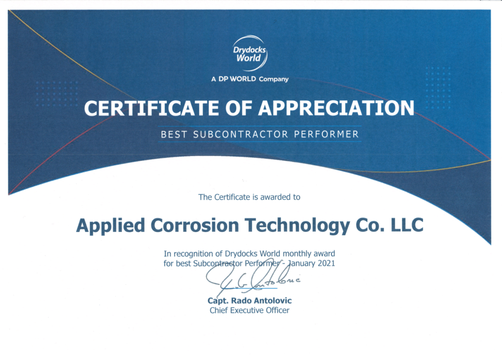 Drydocks World Best Subcontractor Certificate